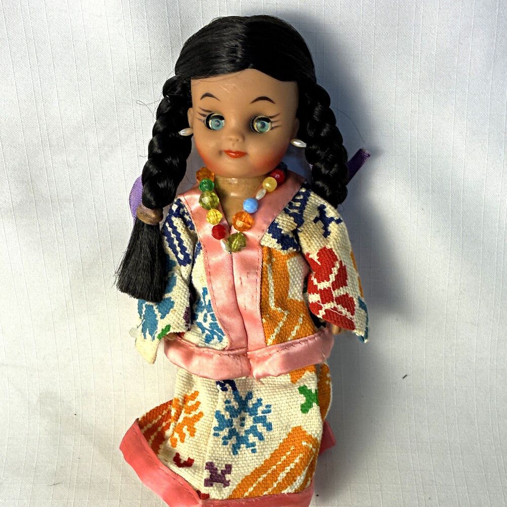 Native American Style Doll Braided Hair Patterned Outfit Beaded Necklace